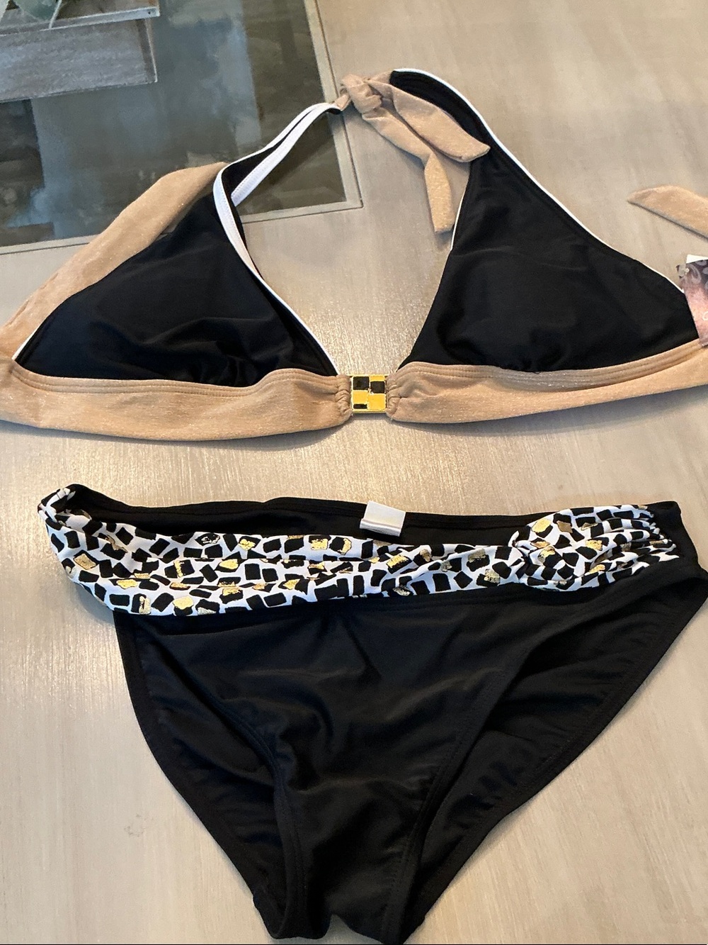 Black and Tan Two-Piece Halter Bikini Set
